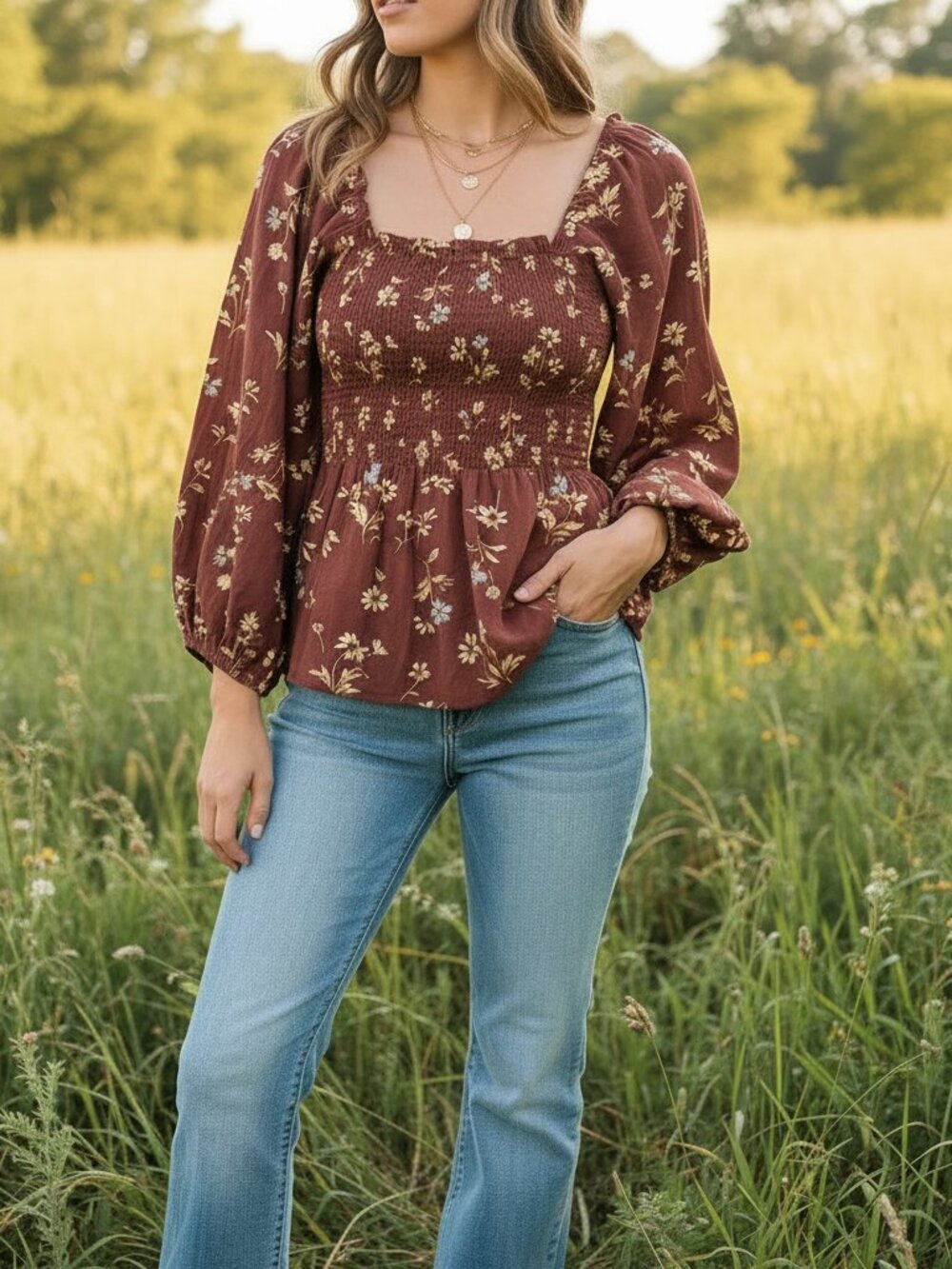 Madewell 6 Top Brown Floral Smocked Square Neck‎ Peplum Boho Cottage Milkmaid